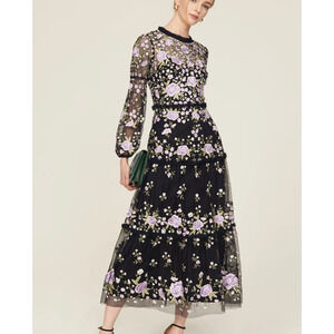 Mac Duggal Black Midi Dress with Lavender Floral Embroidery